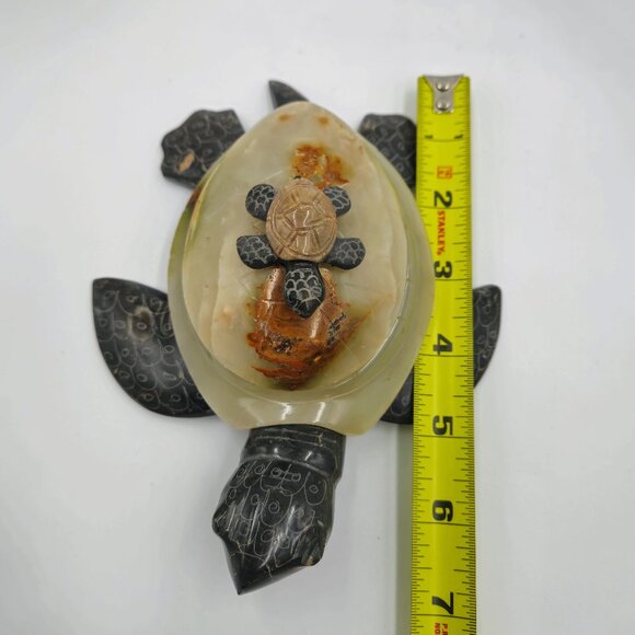 Stone Carved Turtle Box Hinged Lid Mother Baby Vintage Read - Picture 9 of 10